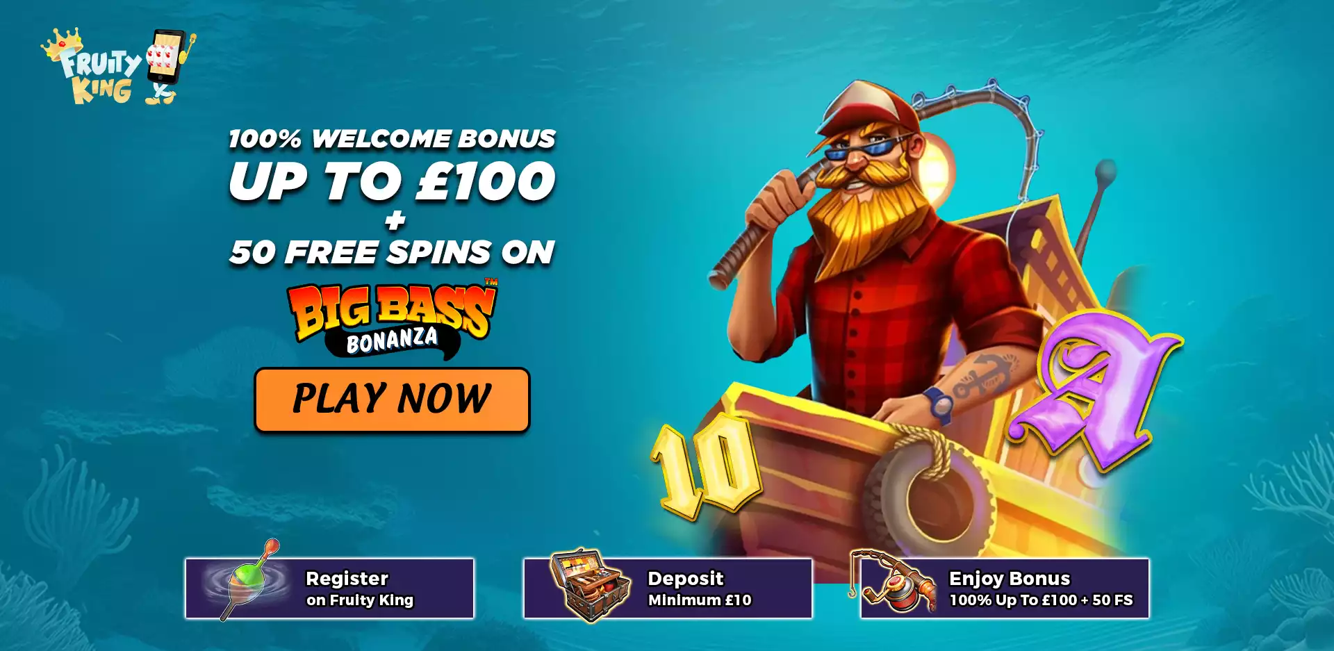 100% welcome bonus up to £100 + 50 free spins on Big Bass Bonanza